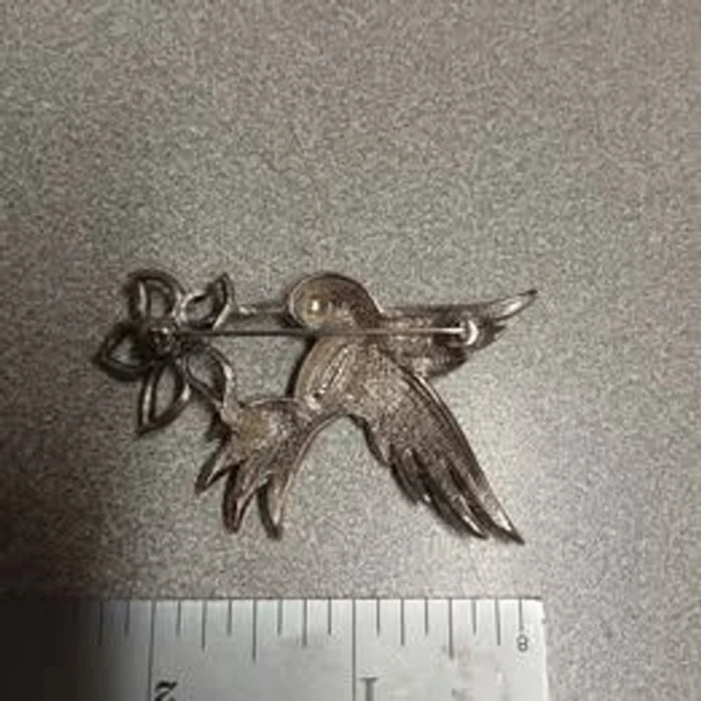 Vintage Avon Brooch Silver Tone Marcasite Hummingbird Flower Pin 2